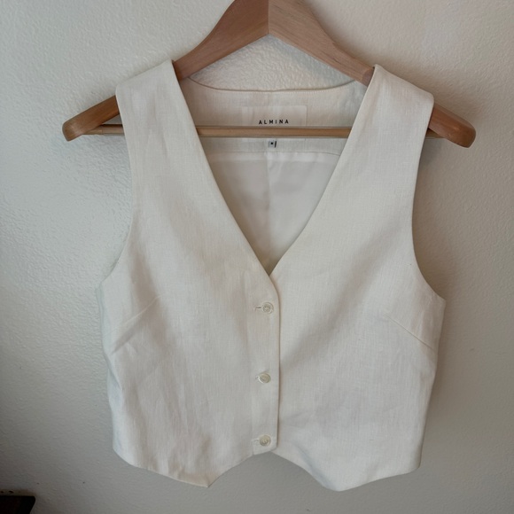 Almina Concept white linen blazer vest size small Buttondown sleeveless v-neck - Picture 3 of 10